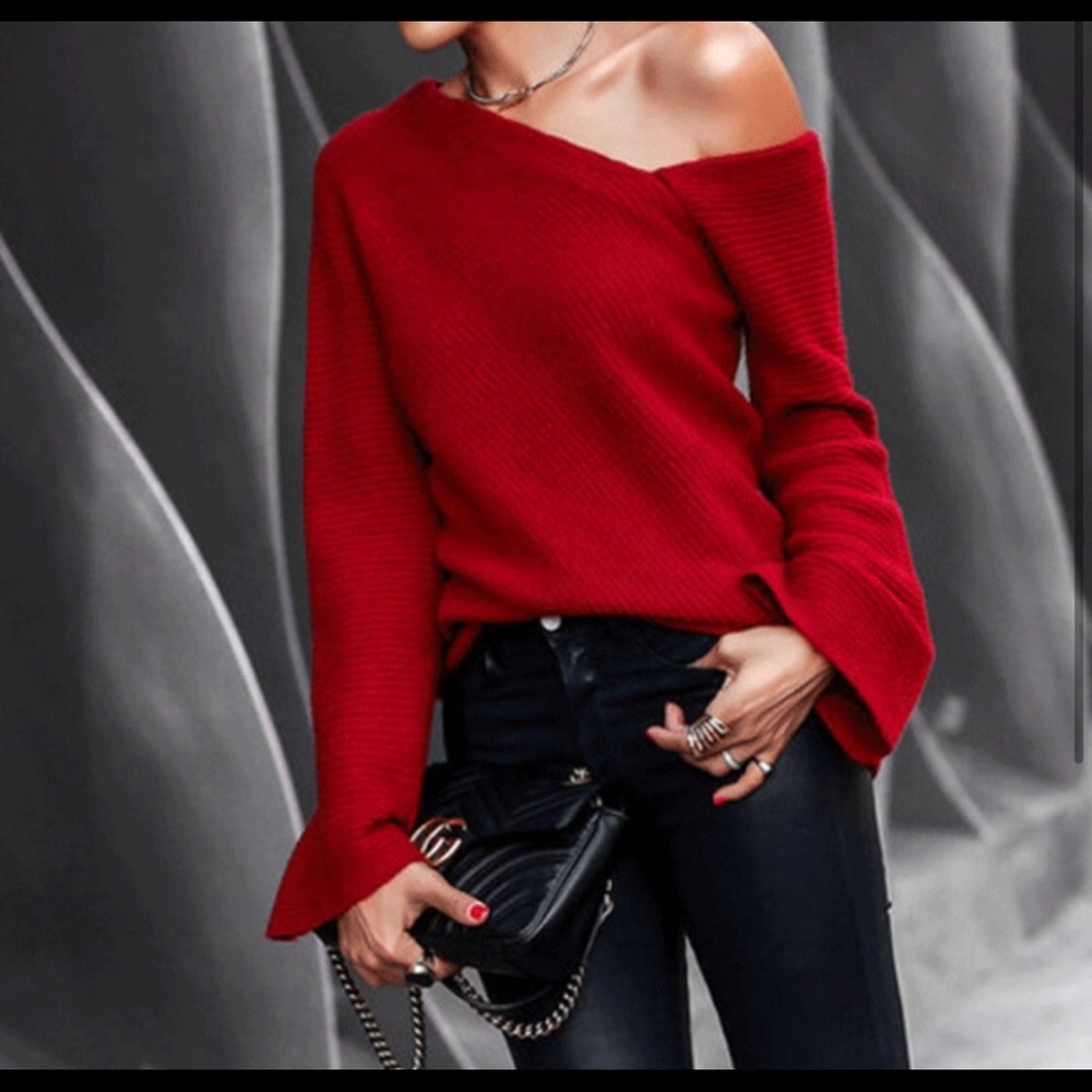 One shoulder ribbed red fall winter sweater - Picture 2 of 2